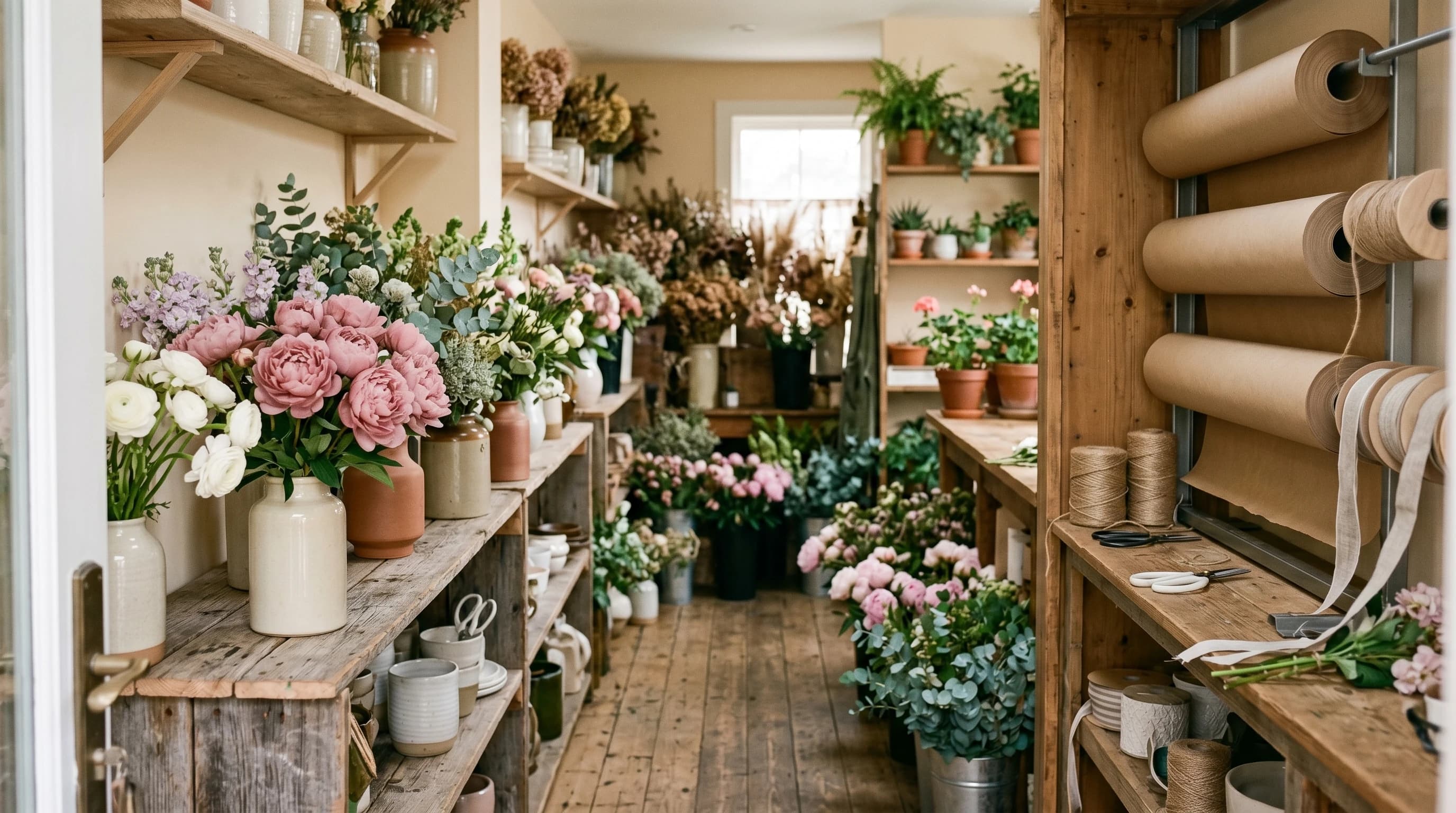 Innenraum des Atelier Fleur in Köln — frische Sträuße und Blumenarrangements