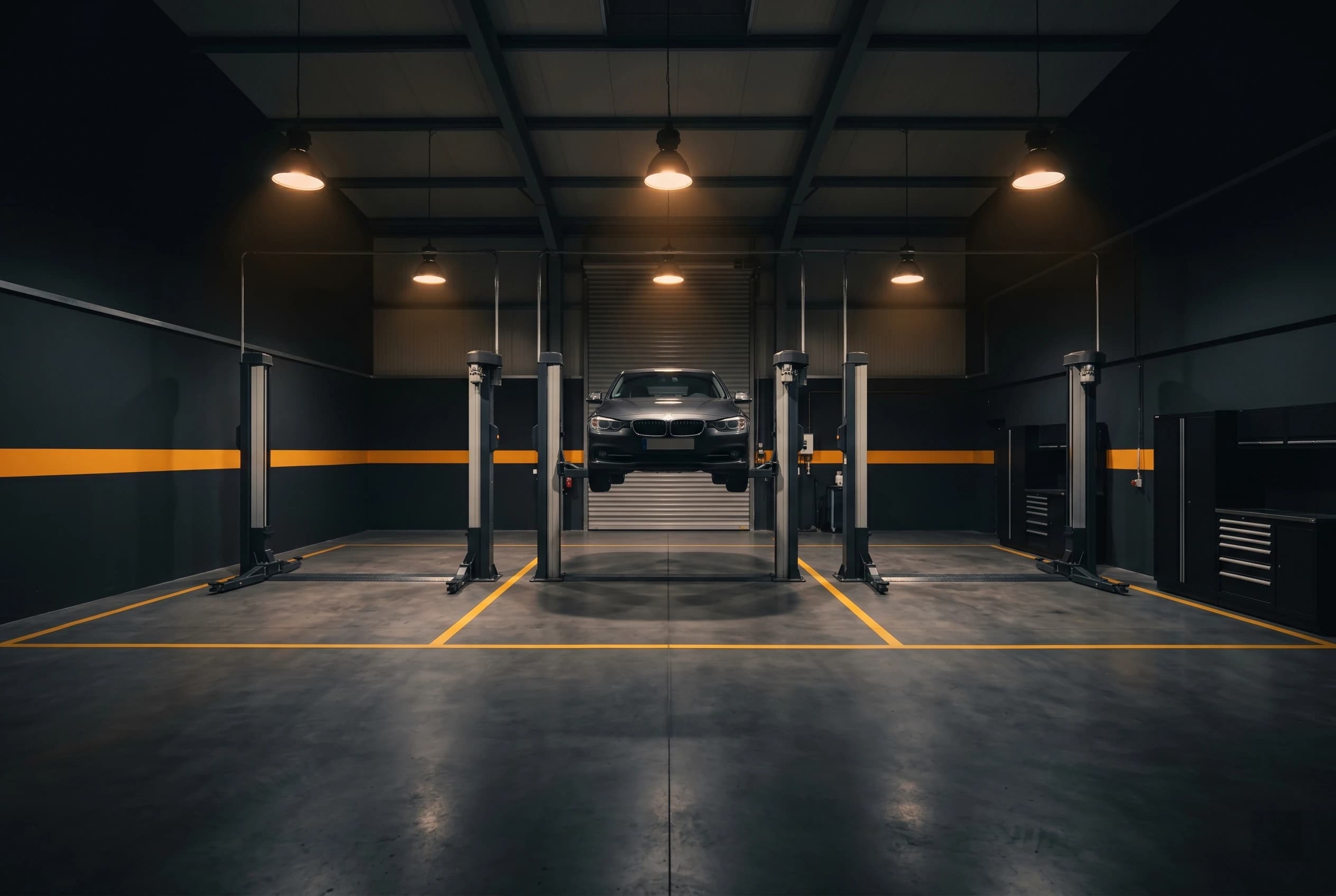 Werkstatt-Innenraum von Auto Beck bei Nacht
